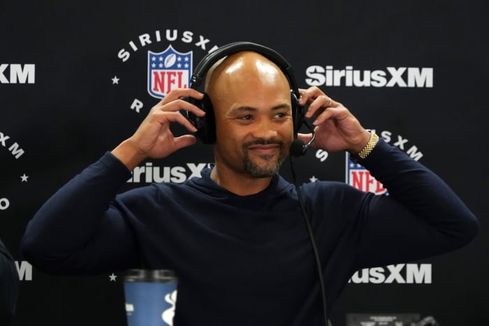 Feb 27, 2024; Indianapolis, IN, USA; Atlanta Falcons general manager Terry Fontenot on the SiriusXM radio set during the NFL Scouting Combine at Indiana Convention Center.